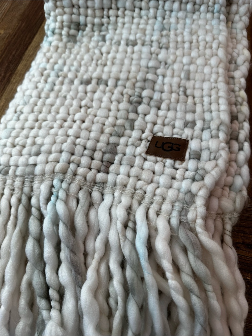UGG Two-Tone Cream and Light Gray Chunky Knit throws with Fringe